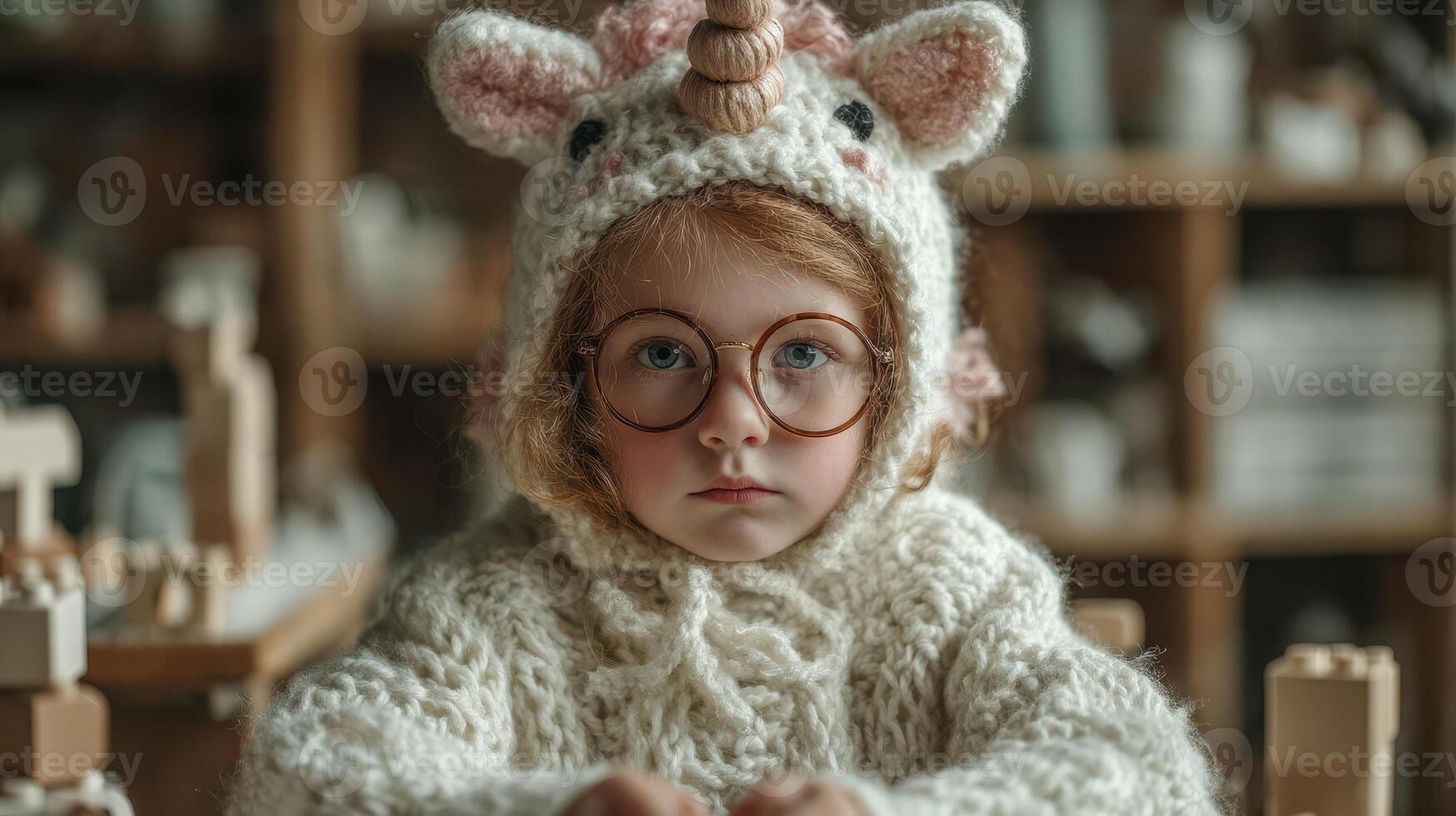 Young child wearing a unicorn hat engages in creative play with building blocks indoors photo