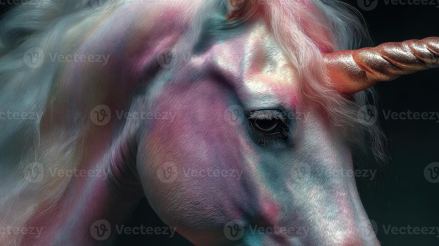 Colorful unicorn head with shimmering mane and vibrant features against a dark background photo