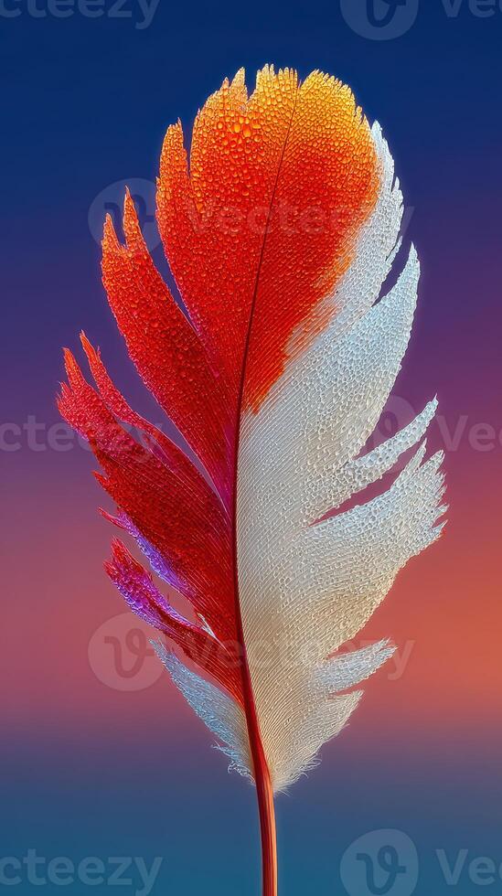 Vivid feather with colorful droplets against a gradient background during twilight photo