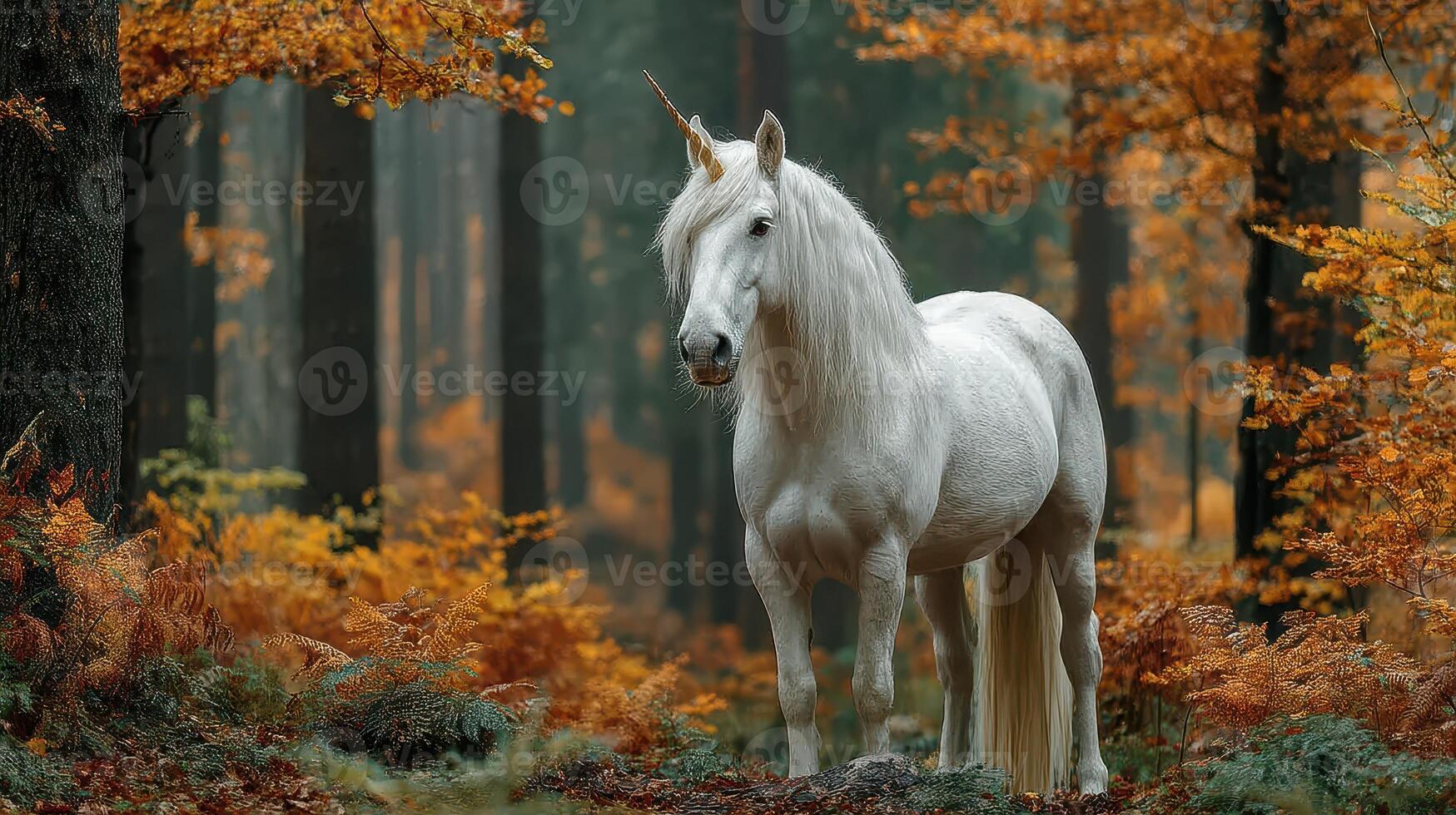 Majestic white unicorn standing gracefully among vibrant autumn foliage in a misty forest landscape during early morning light photo