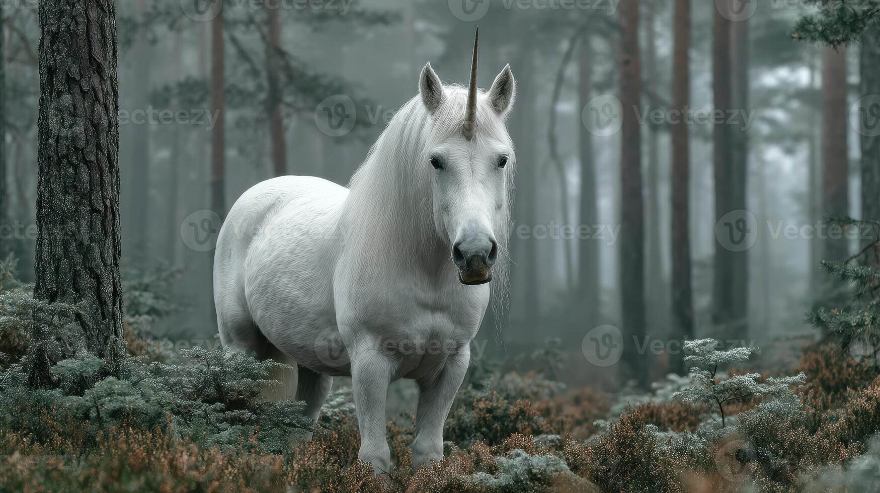 Magical white unicorn standing in a misty forest surrounded by tall trees during early morning light photo