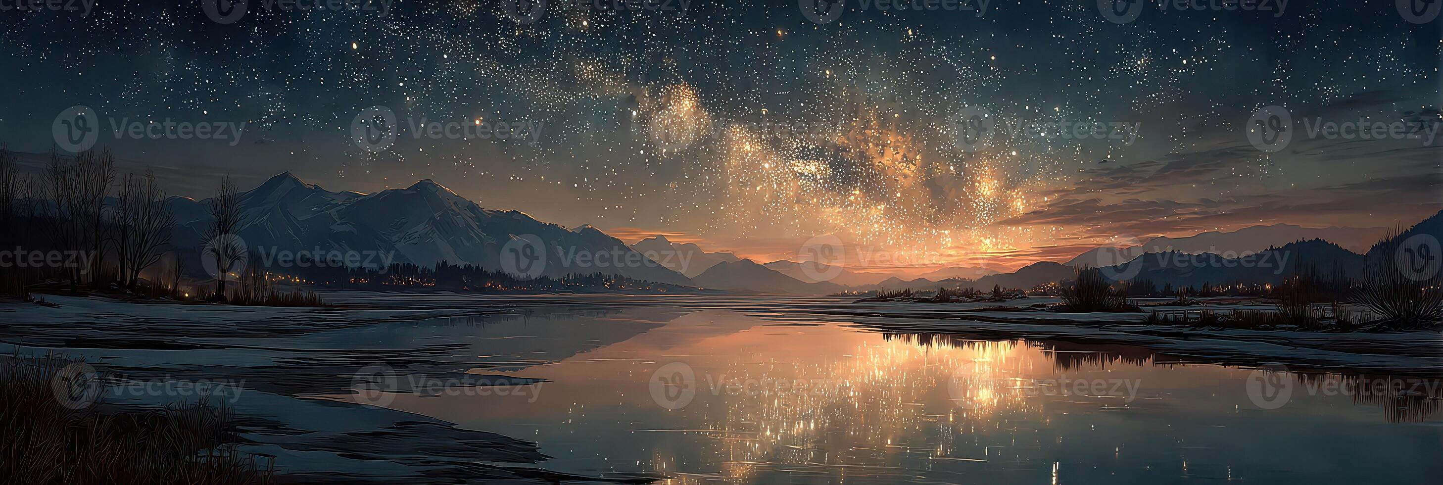 Night sky over tranquil lake with reflections of stars and mountains during winter photo