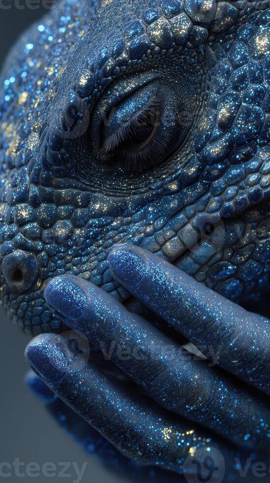Detailed close-up of a lizard showcasing blue scales and a hand adorned with matching glitter in an artistic composition photo