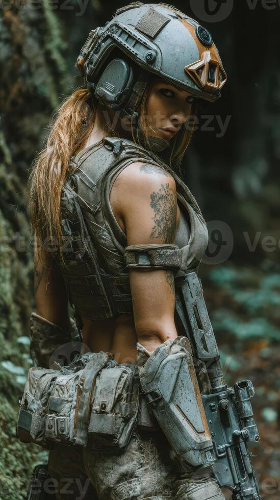 Combat-ready warrior in tactical gear poses in a forested environment during daylight hours photo