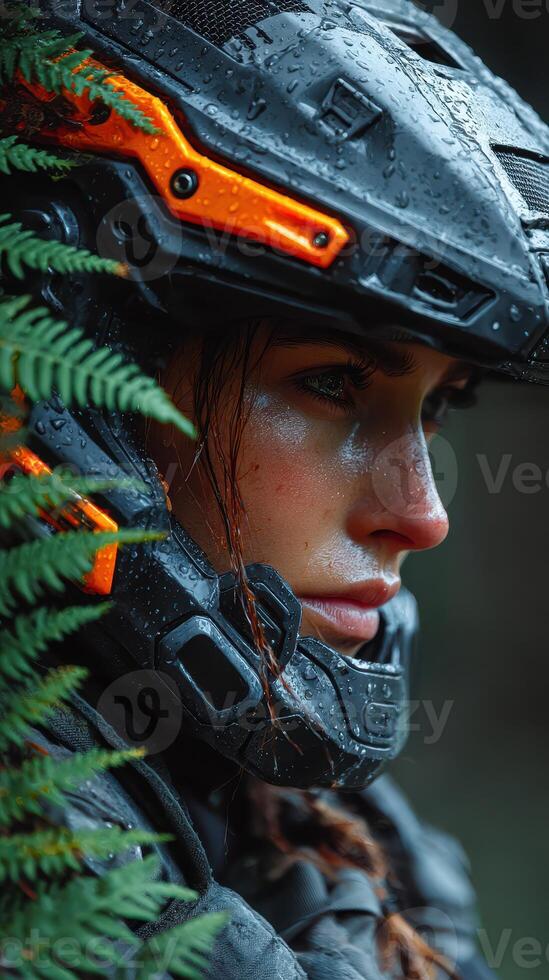 Explorer prepares for an adventure in the rain-soaked forest wearing a protective helmet and surrounded by vibrant foliage photo