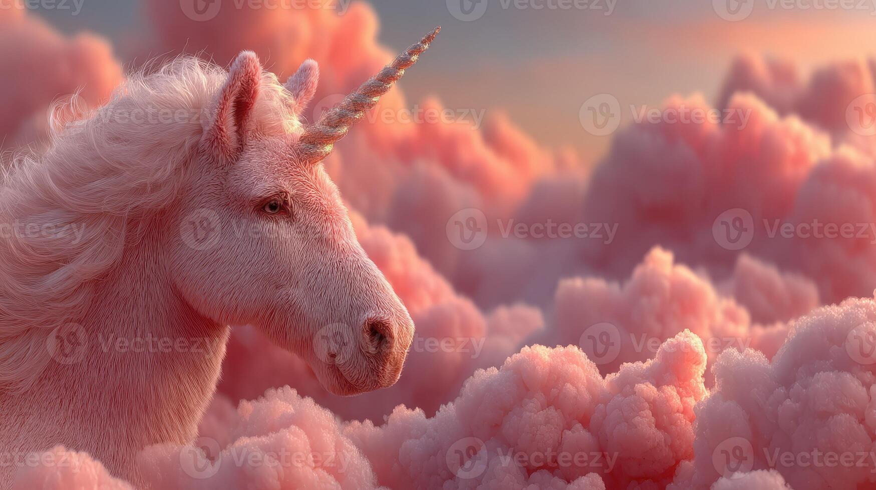 Magical unicorn standing in fluffy pink clouds during a serene sunset in a whimsical fantasy landscape photo