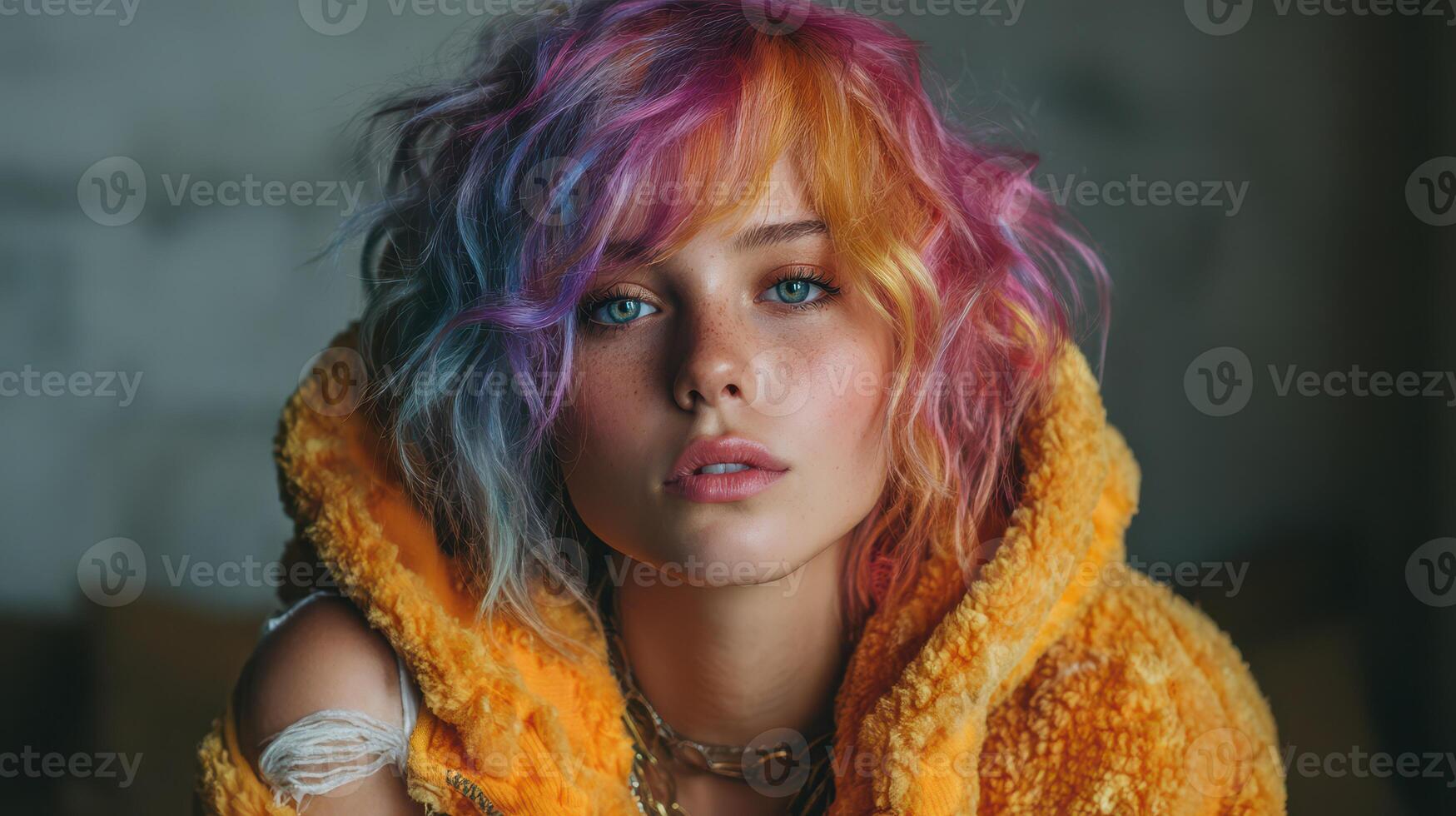 Young woman with vibrant multicolored hair posing indoors in a cozy setting during the evening while wearing a fluffy yellow jacket photo
