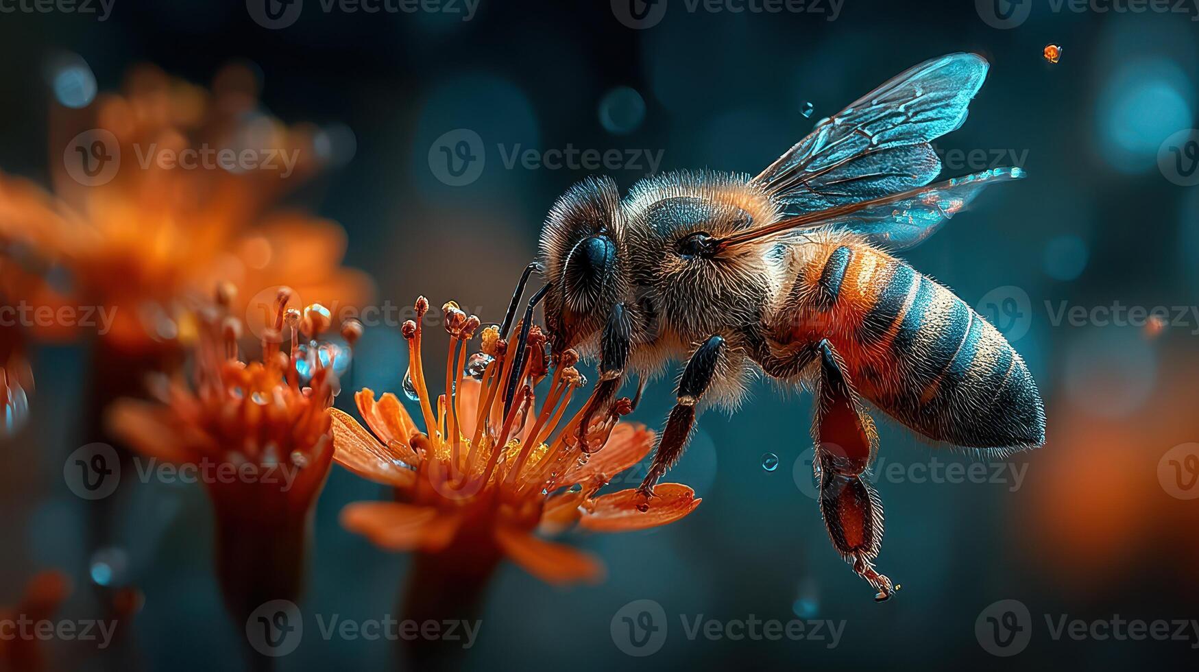 Close-up view of a bee pollinating vibrant orange flowers on a sunny afternoon in a garden photo