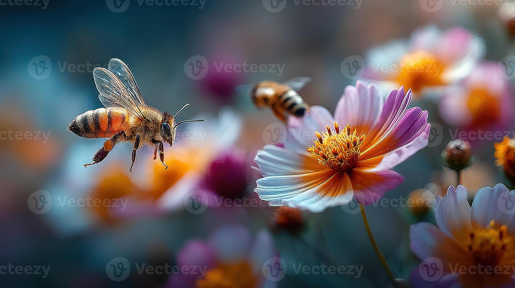 Bees pollinating colorful flowers in a vibrant garden during springtime under bright sunlight photo