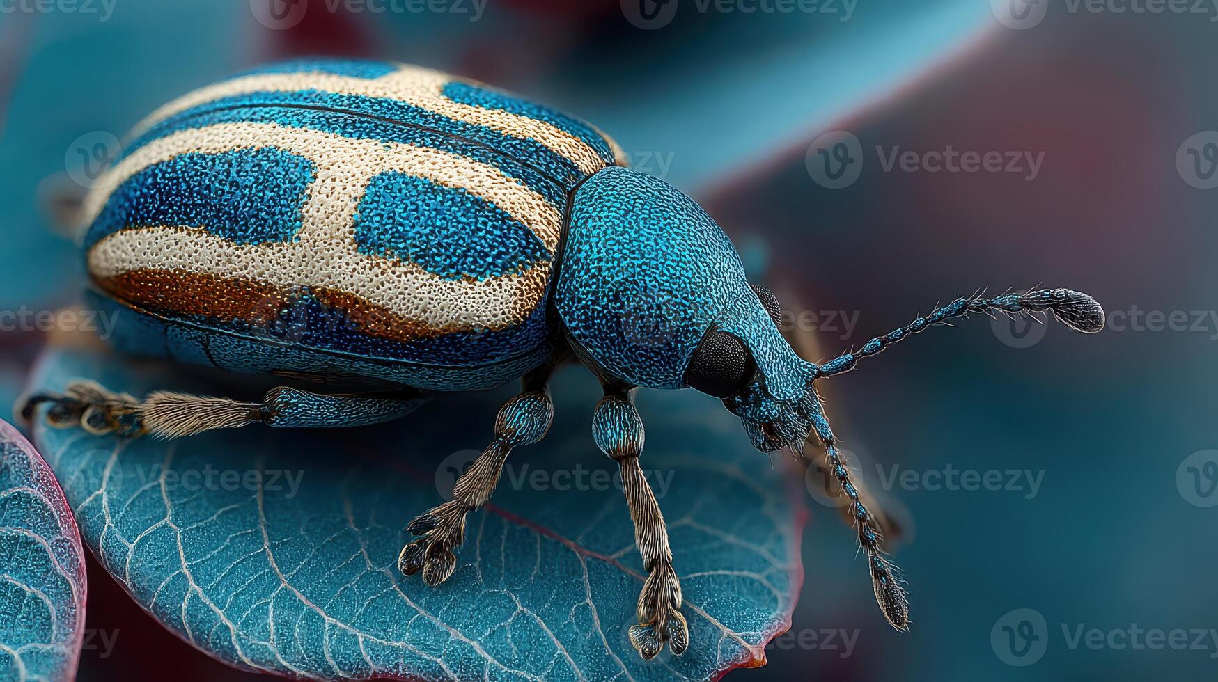 Bright blue and gold beetle resting on a leaf in a vibrant garden setting during daylight photo