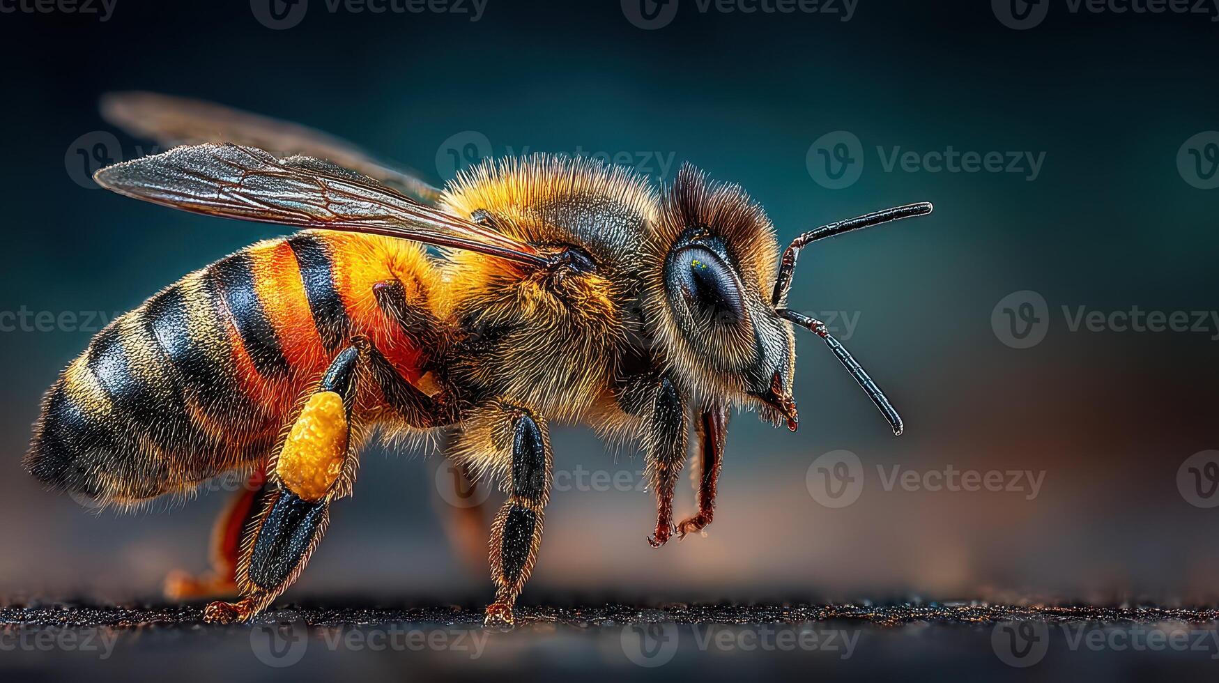 Close-up of a honey bee showcasing intricate details and textures in its wings and body during early morning hours photo
