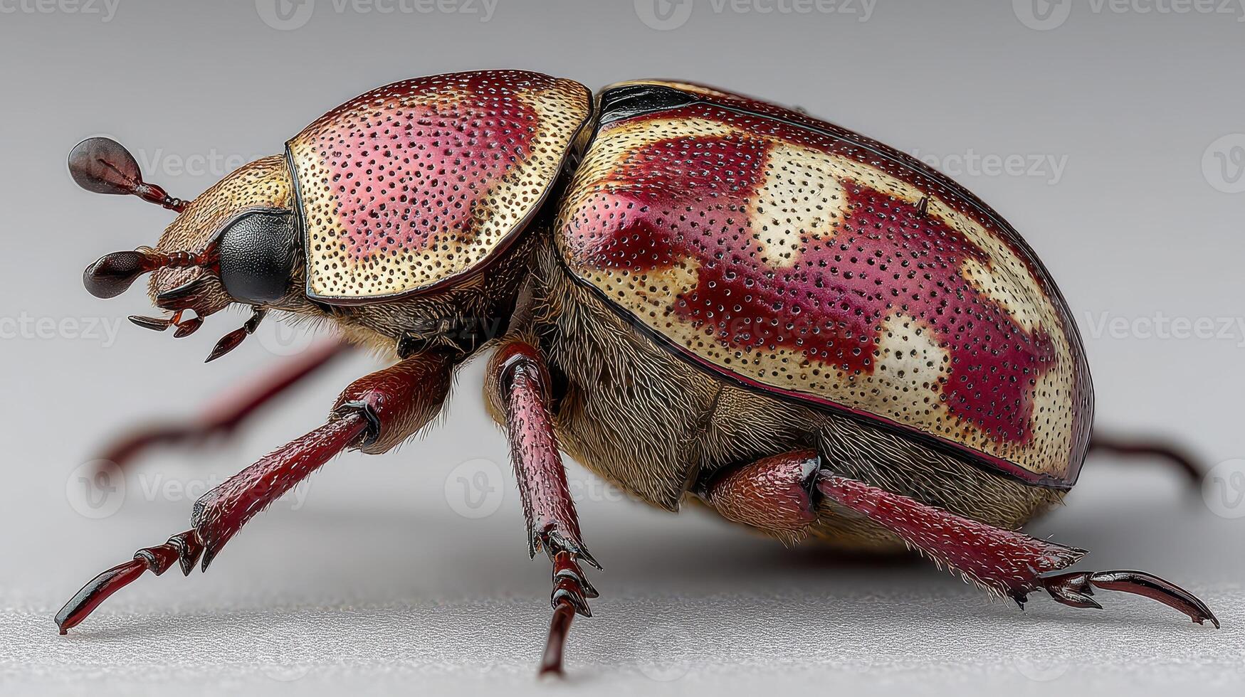 Detailed view of a colorful beetle showcasing unique patterns and textures in a controlled environment photo
