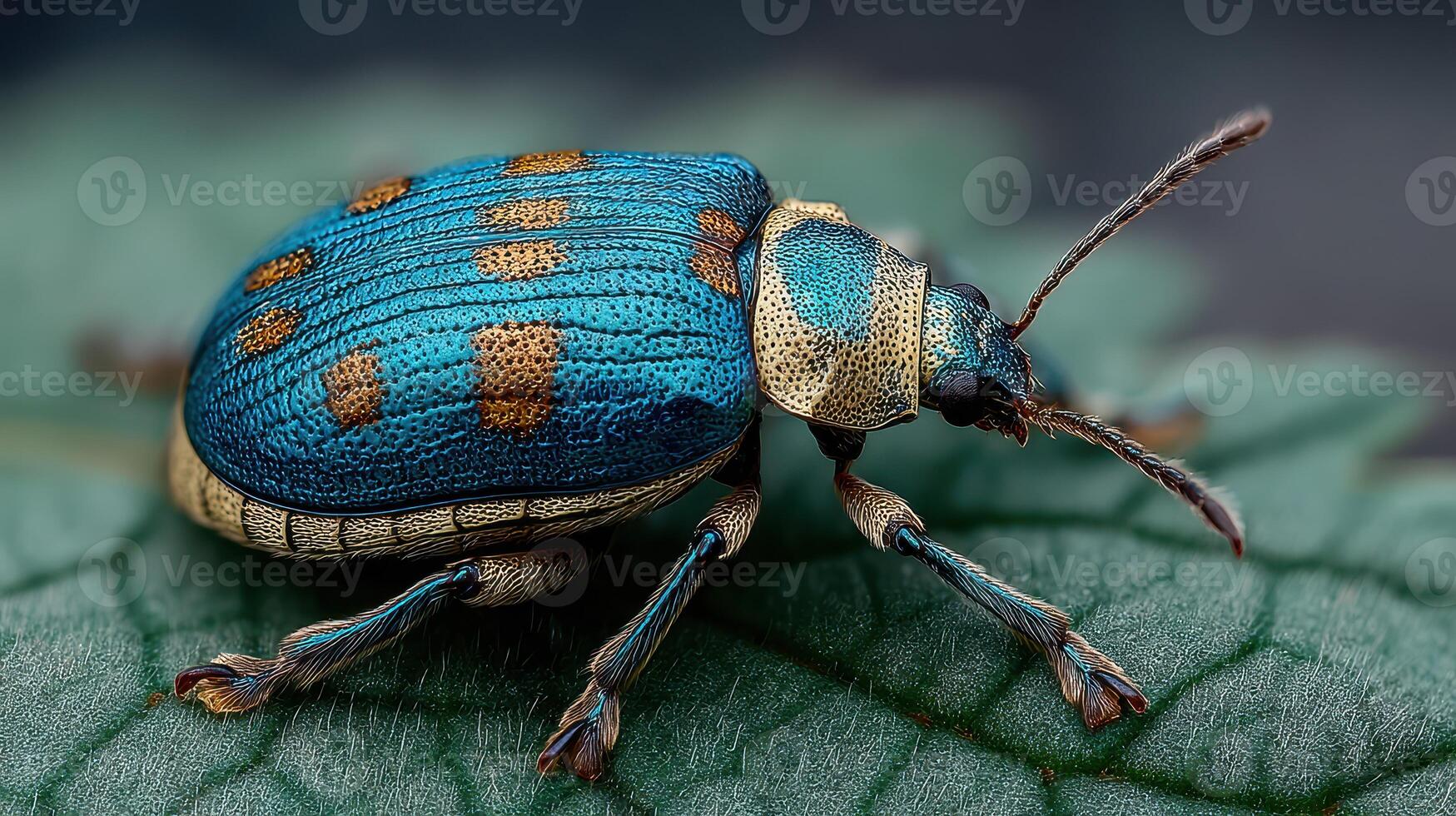 Blue beetle resting on green leaf under soft natural light in a vibrant garden setting photo