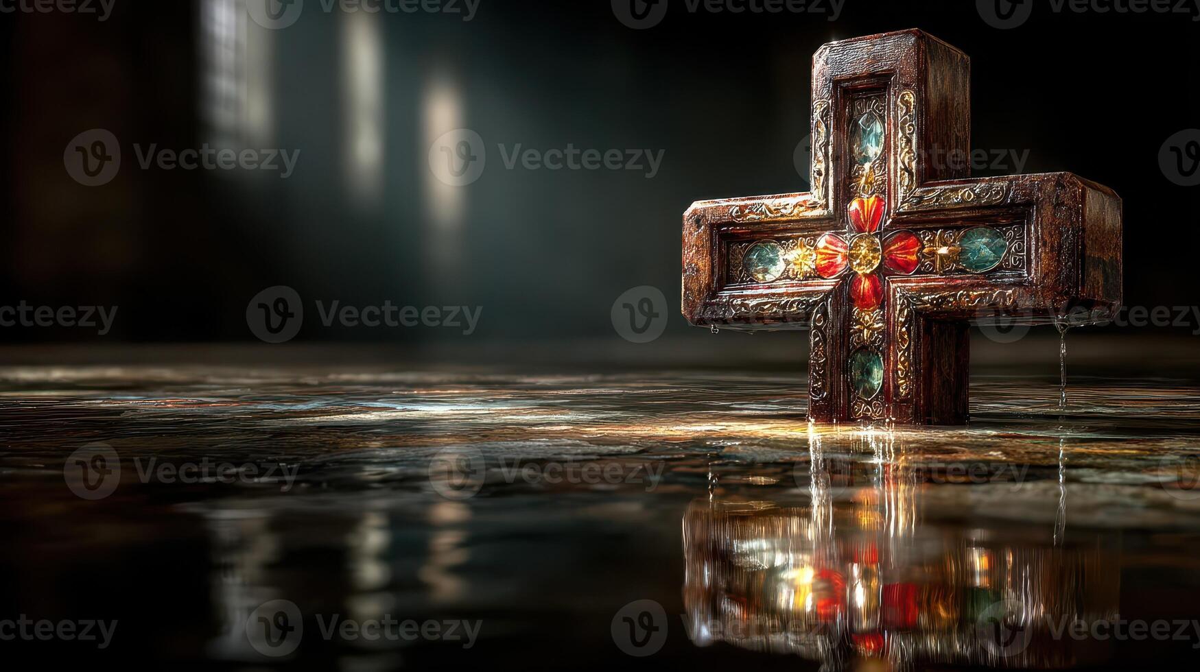 Intricate decorative cross resting on a reflective surface in a dimly lit, historic location showcasing artistry and craftsmanship photo