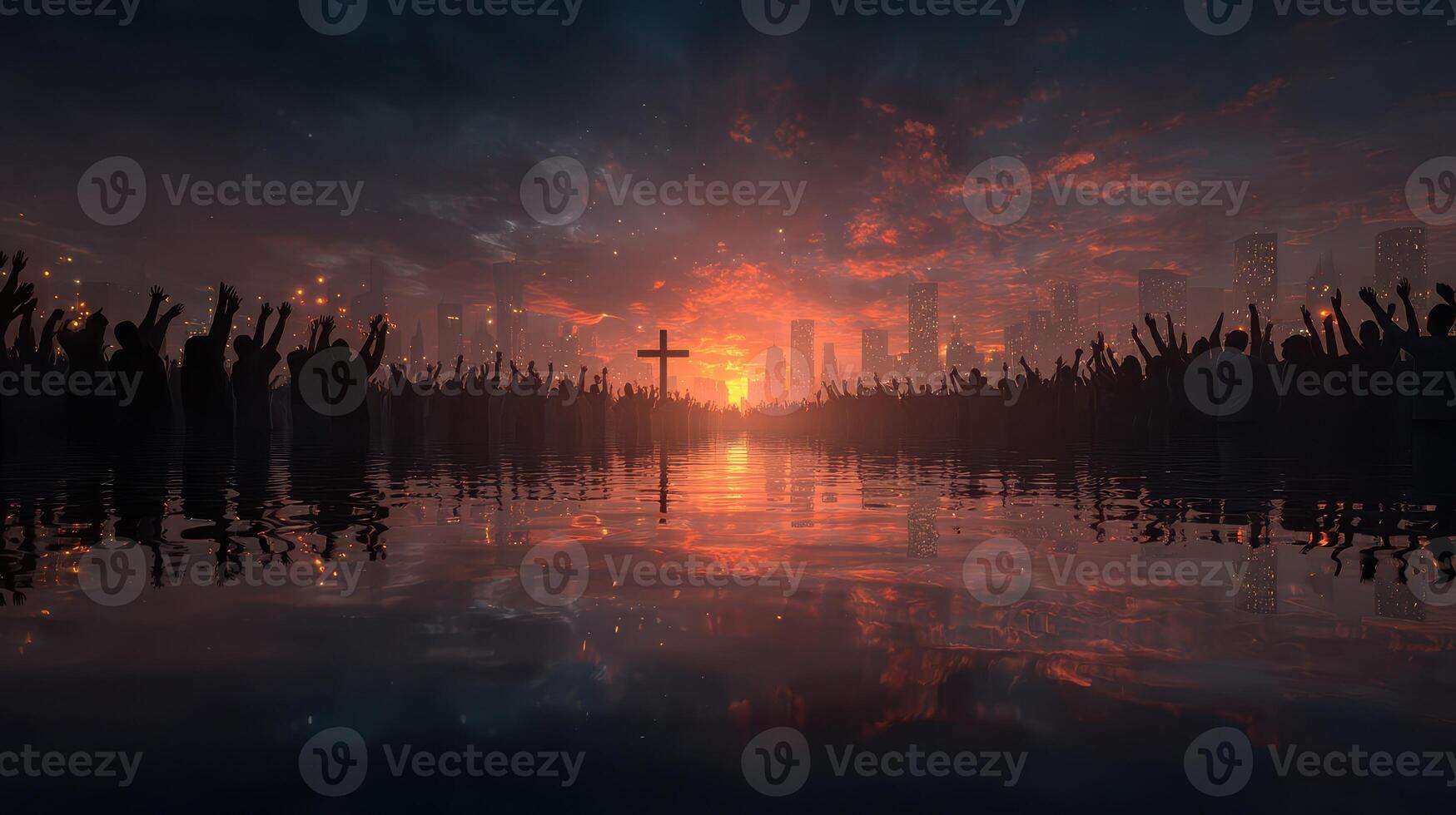 Crowd gathers at sunset by water as a cross stands tall against a dramatic skyline photo