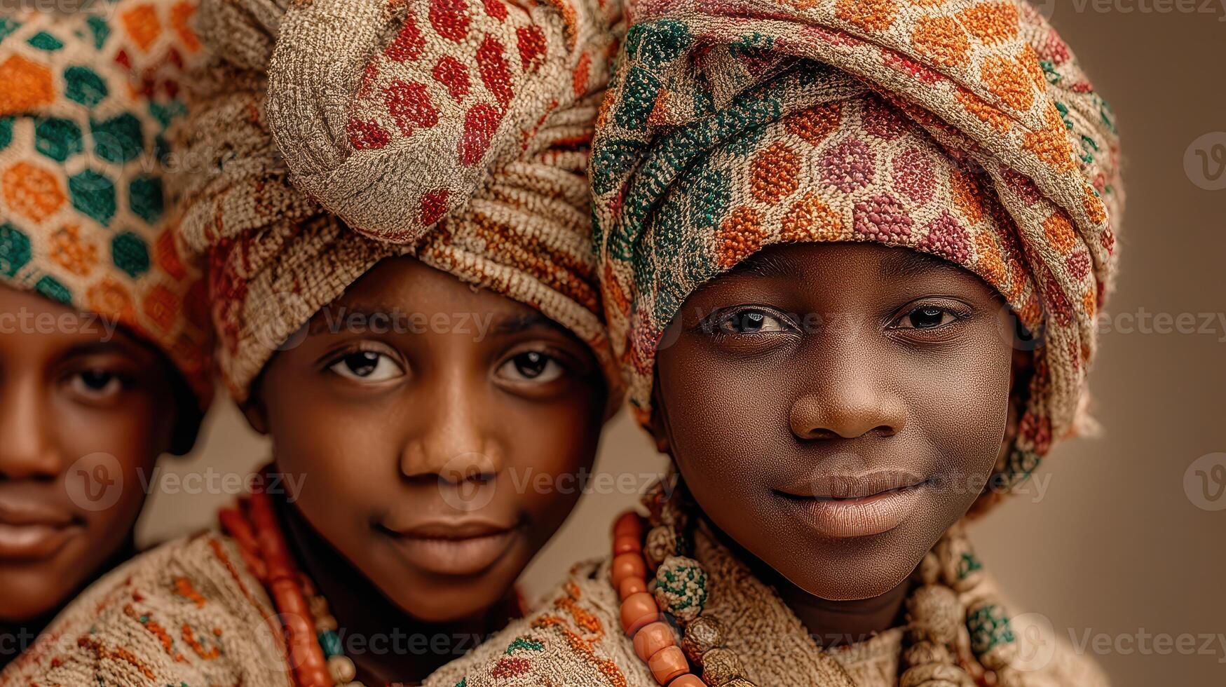 Cultural celebration featuring children in traditional attire and unique headwraps showcasing artistic expressions in a vibrant setting photo