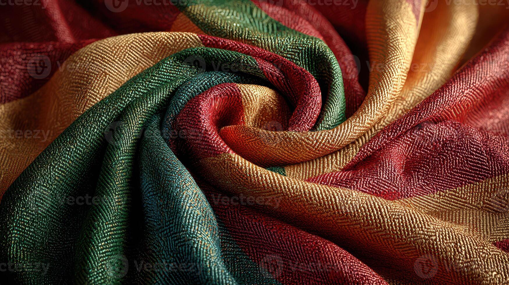 Vibrant fabric showcasing intricate weaving patterns with bold colors in a close-up view photo