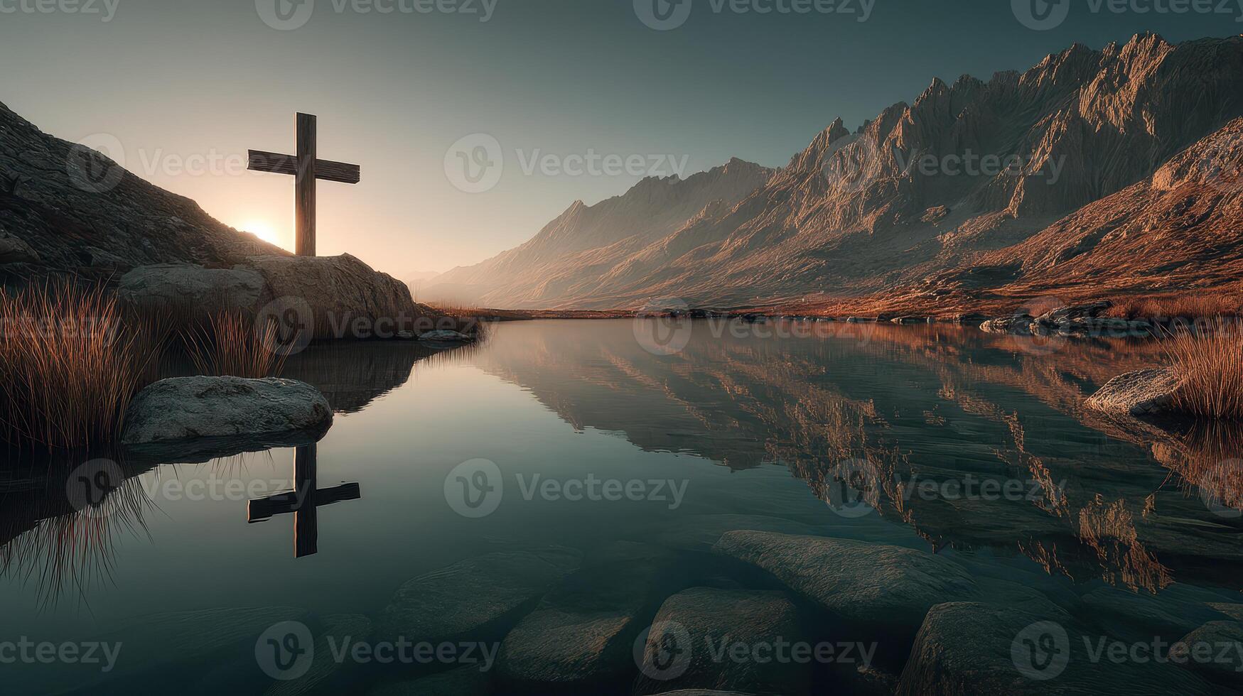 Reflection of a cross at dawn near a serene lake surrounded by mountains in a tranquil landscape photo