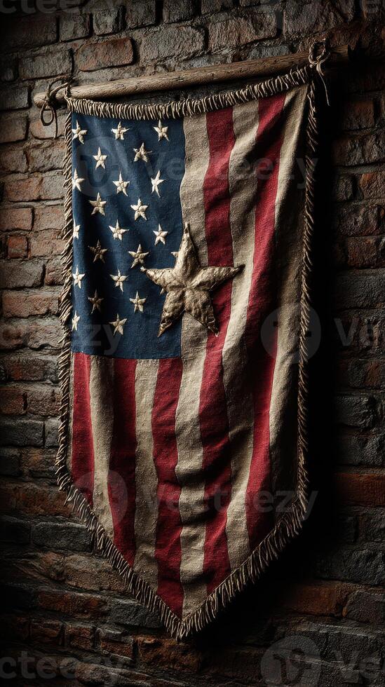 Vintage American flag hanging on a rustic brick wall, showcasing history and craftsmanship in a warm setting photo