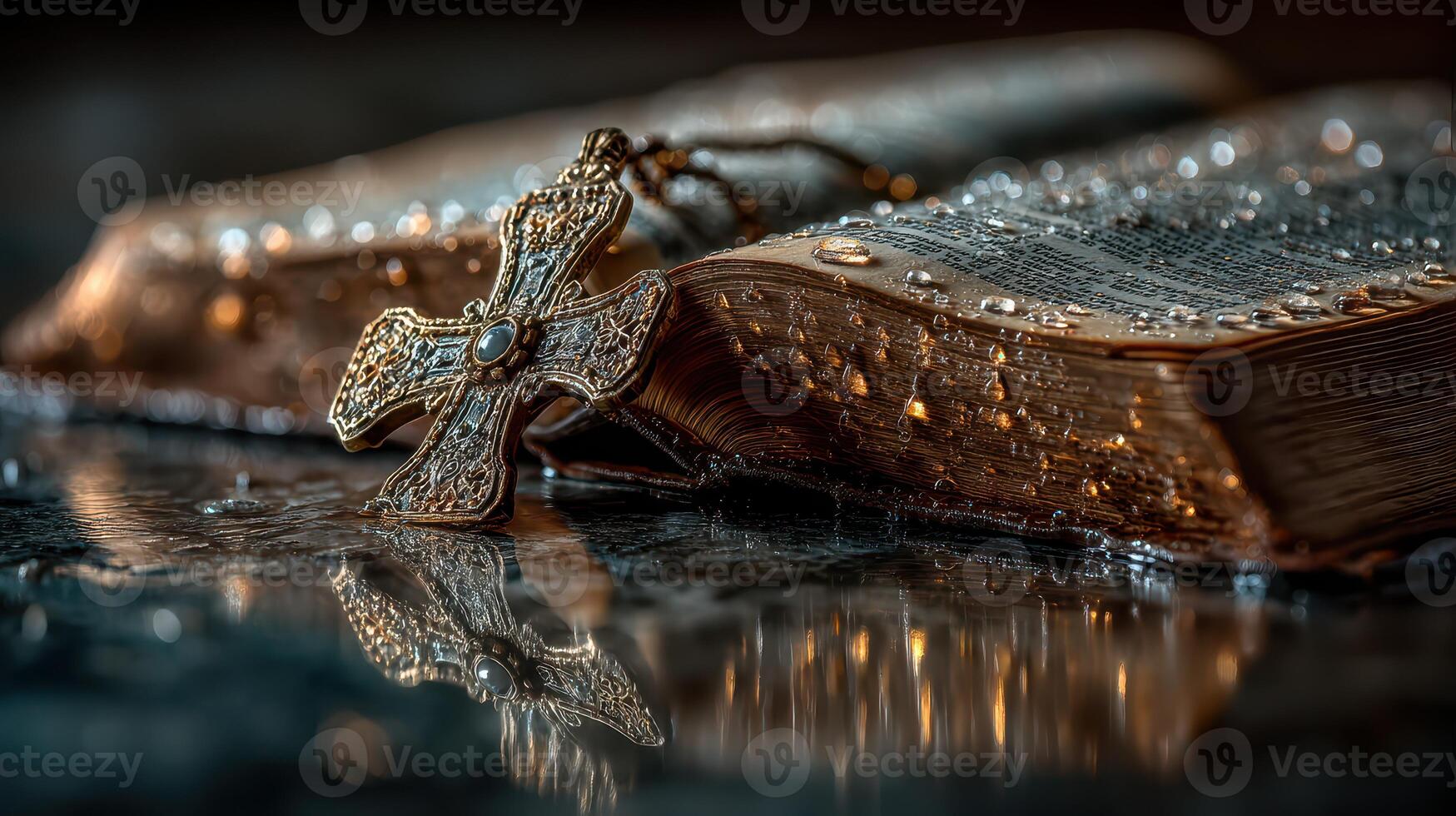 Intricate cross resting on an ornate Bible adorned with droplets reflecting soft evening light photo