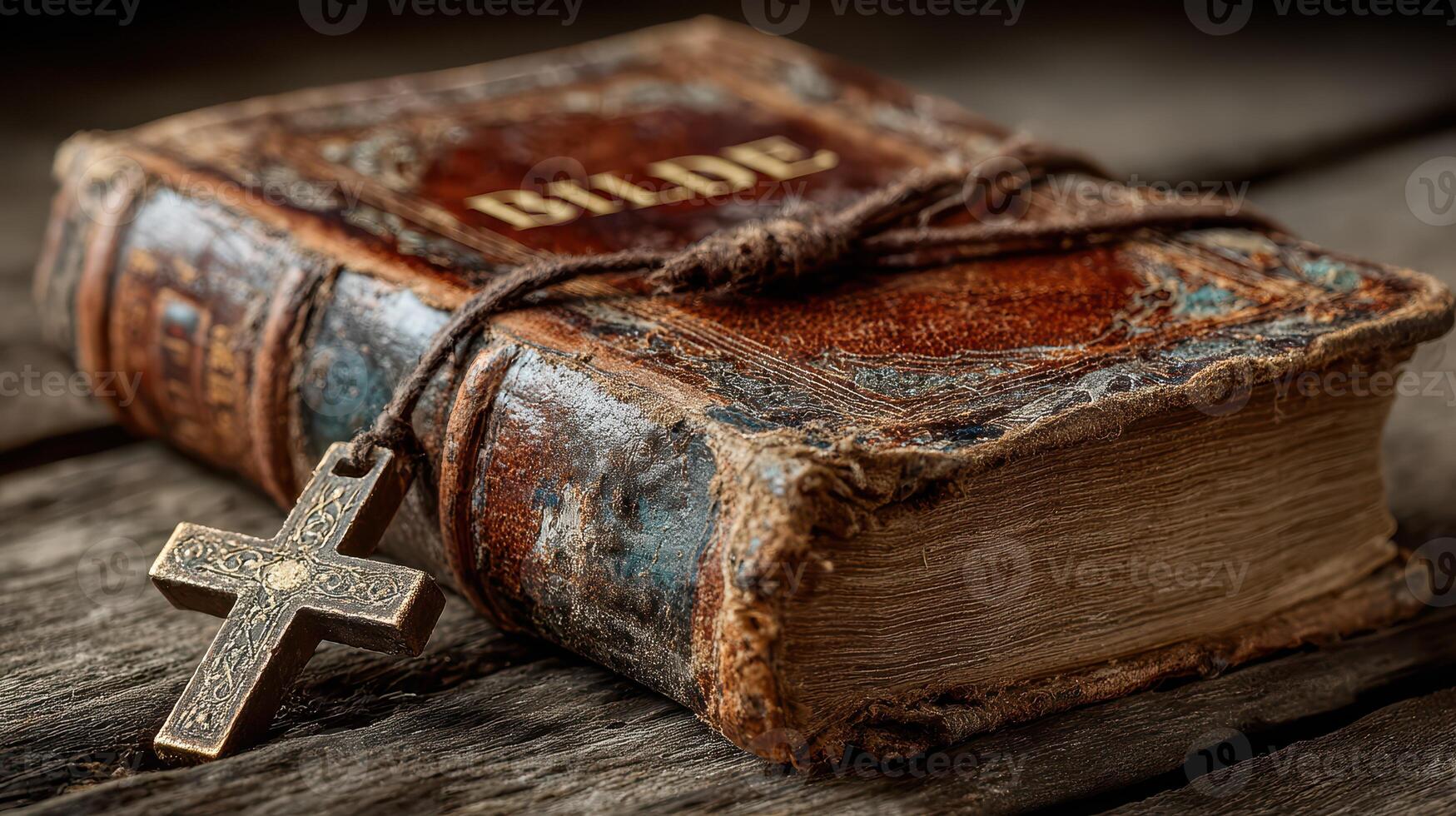 Old leather-bound book with a cross resting on a wooden table in warm light photo