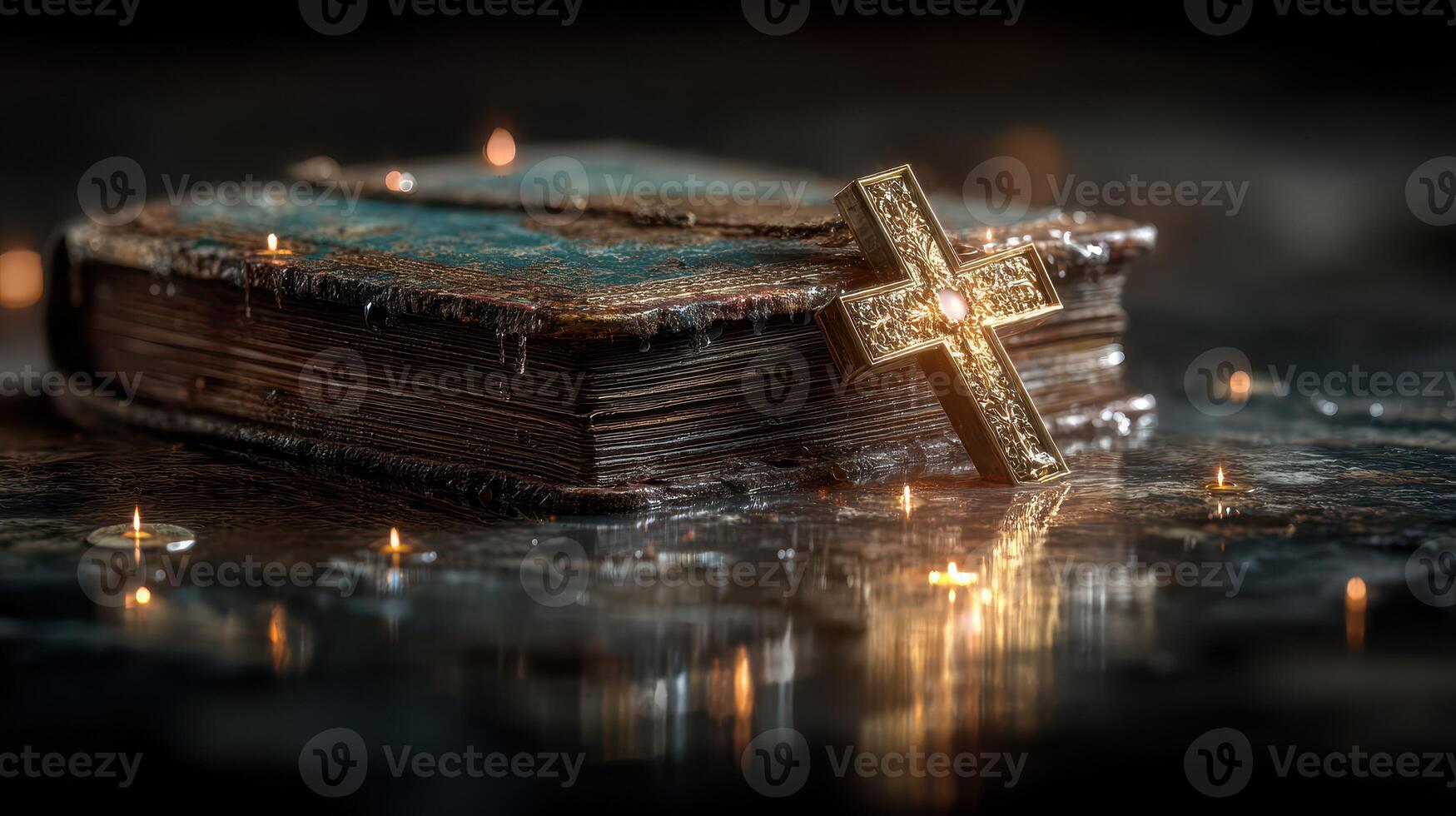 Ancient book with cross resting on water surface illuminated by floating candles photo