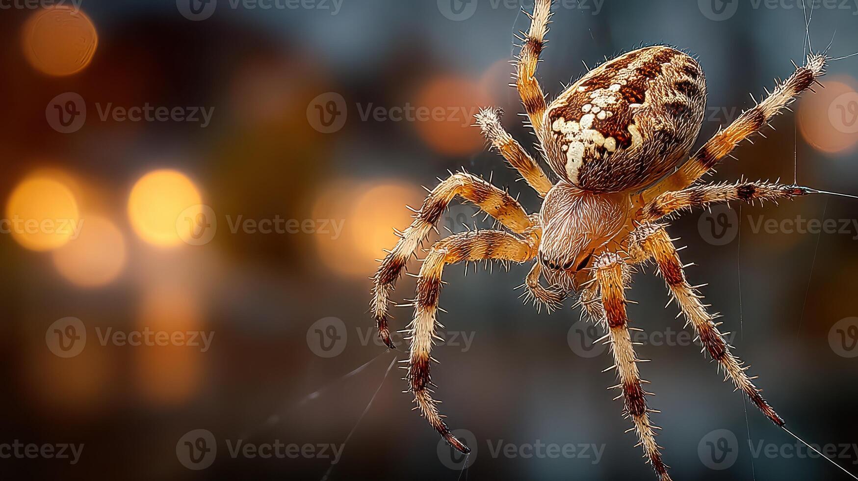 Close-up view of a spider weaving its intricate web in a dimly lit environment during twilight hours photo
