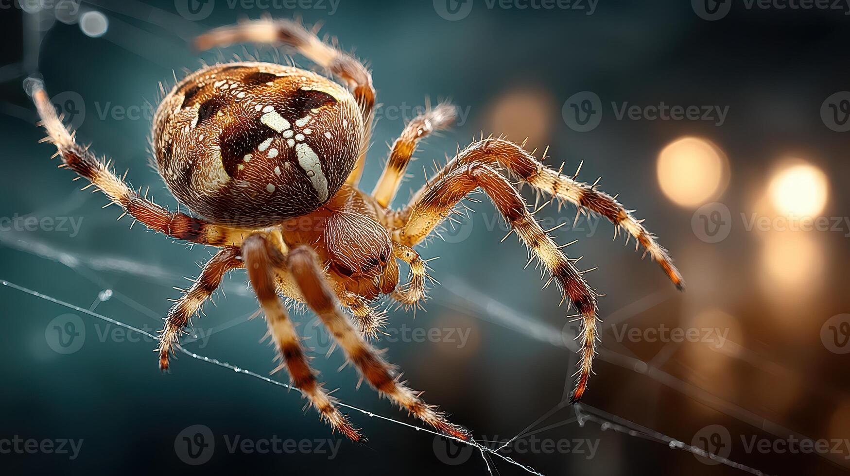 Close-up view of a spider weaving its intricate web in a dimly lit environment at night photo