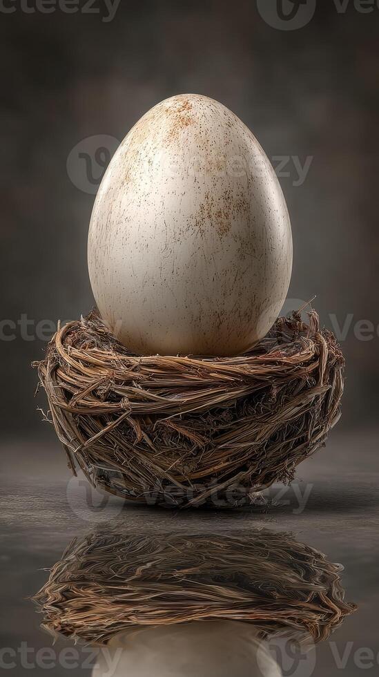 Nest with speckled egg resting on a woven base in soft light creating a tranquil atmosphere photo