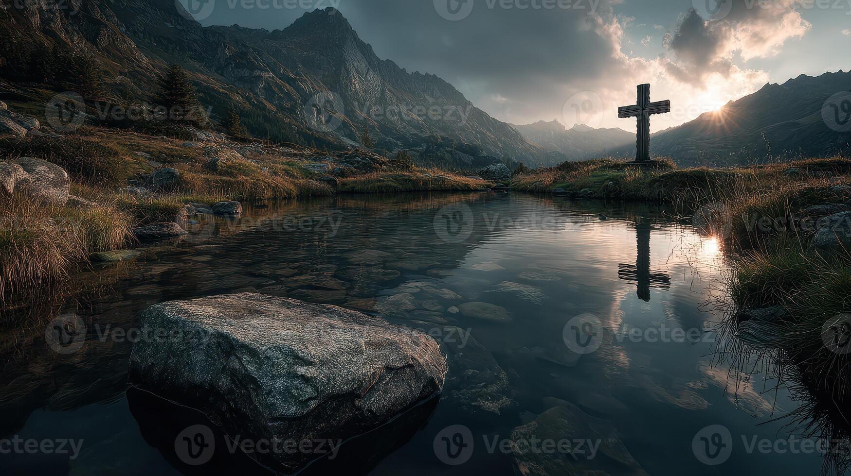 Reflection of a cross in a tranquil lake surrounded by mountains at sunset in a serene landscape photo