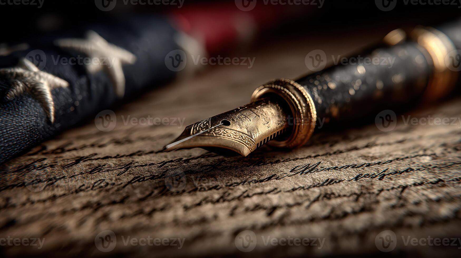 Elegant fountain pen resting on aged parchment beside a vintage American flag evokes a sense of history and nostalgia photo