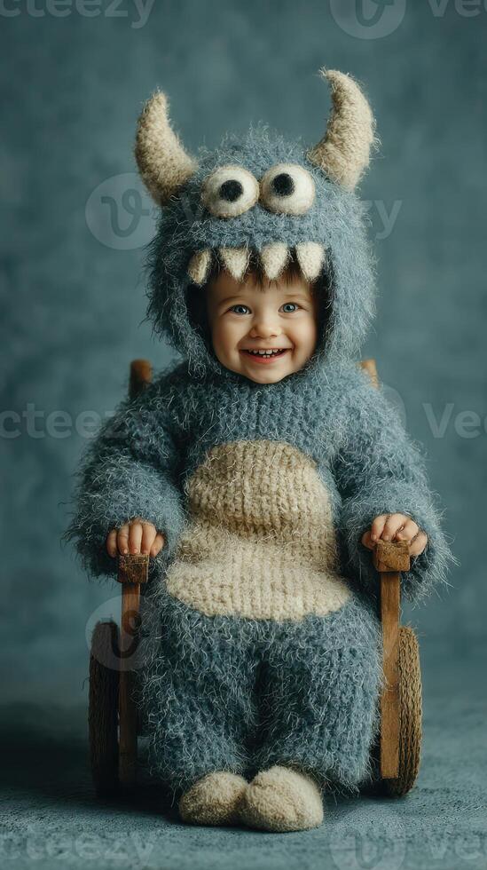 Cute child dressed as a monster in a cozy outfit smiling while seated in a wooden chair photo