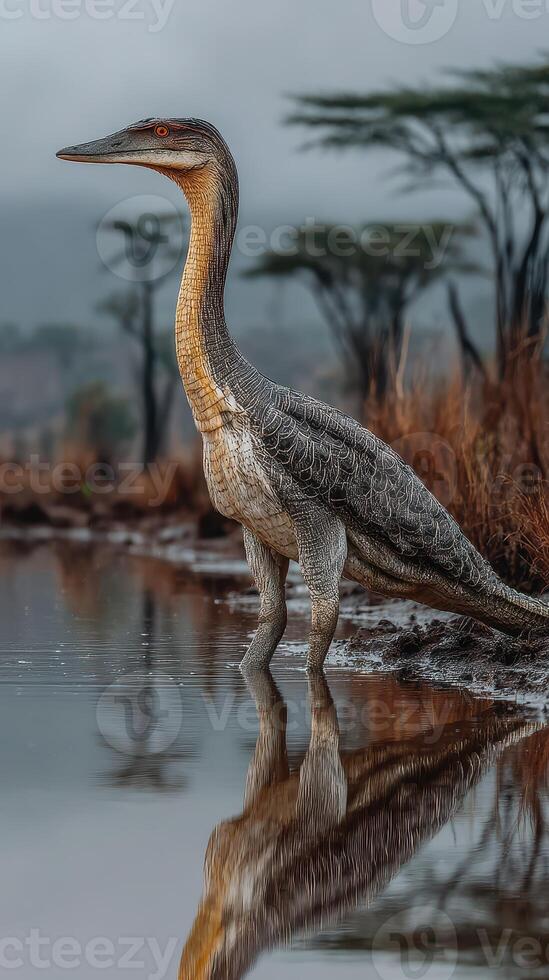 Large prehistoric bird stands by water's edge in a serene landscape during early morning light photo