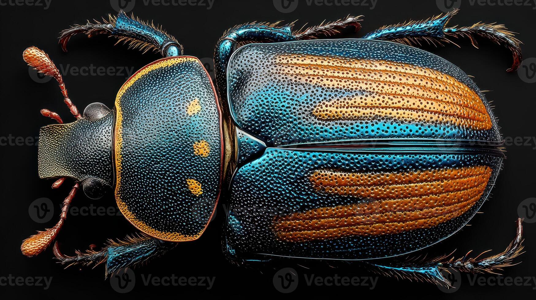 Detailed close-up of a colorful beetle with shimmering blue and orange patterns on a black background captured in natural light photo