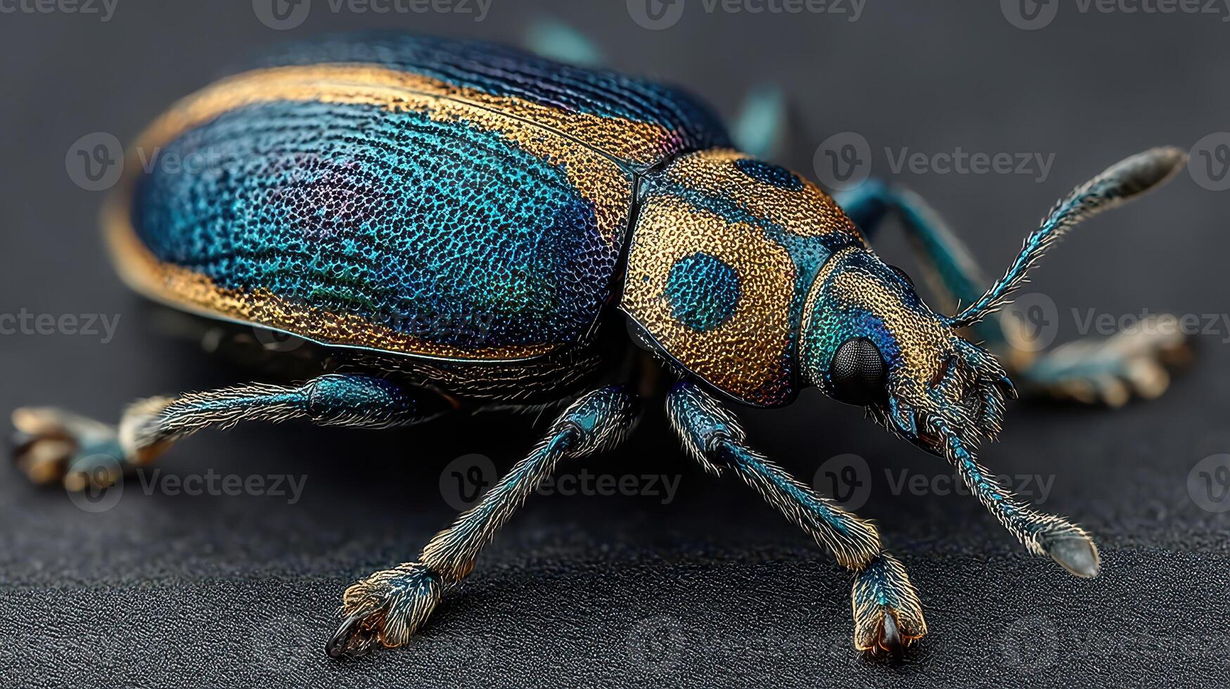 Colorful beetle displaying vibrant blue and gold patterns on its body, captured up close in a studio setting photo