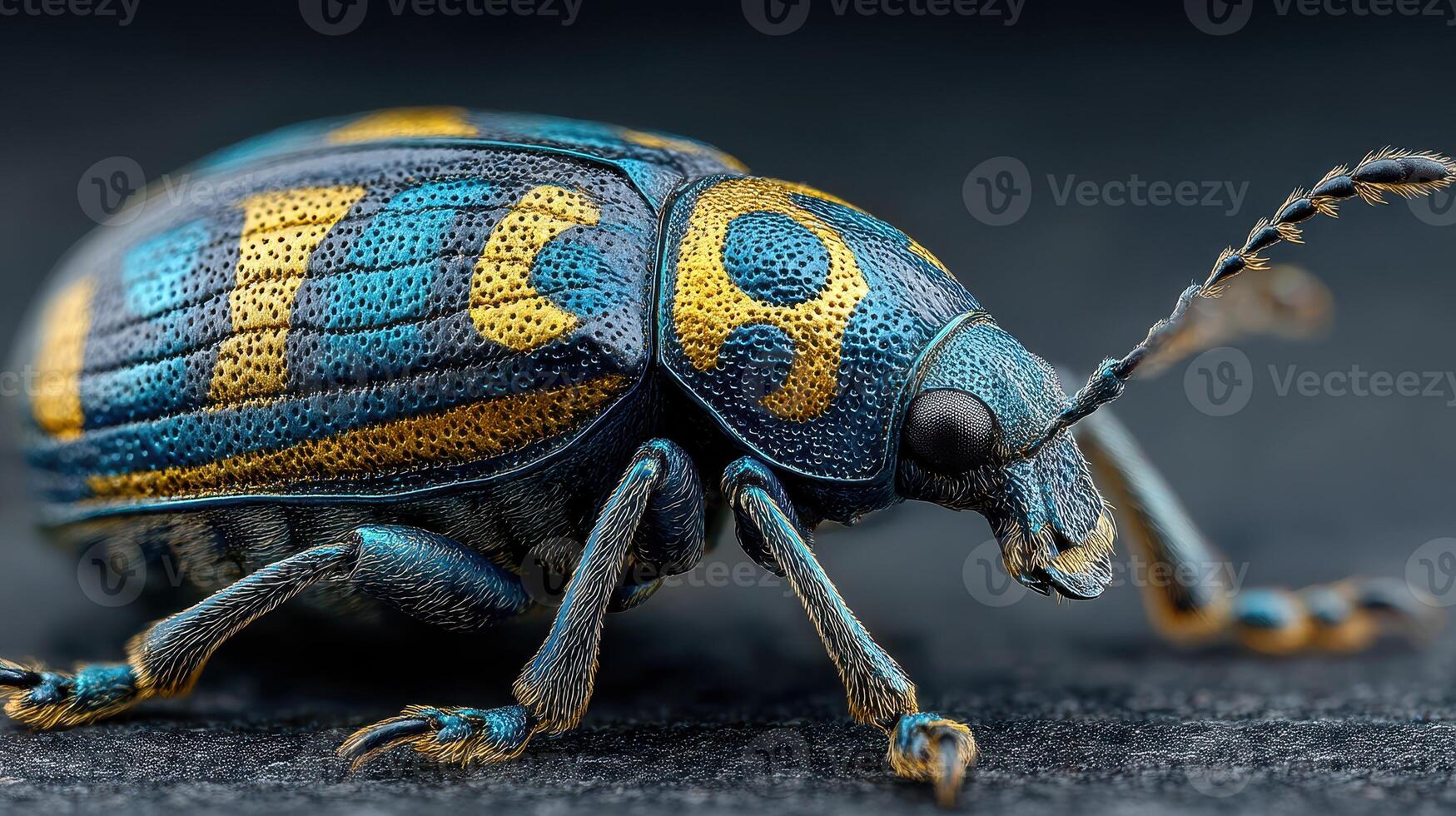 Unusual beetle with vibrant blue and gold pattern captured in macro close-up detail photo