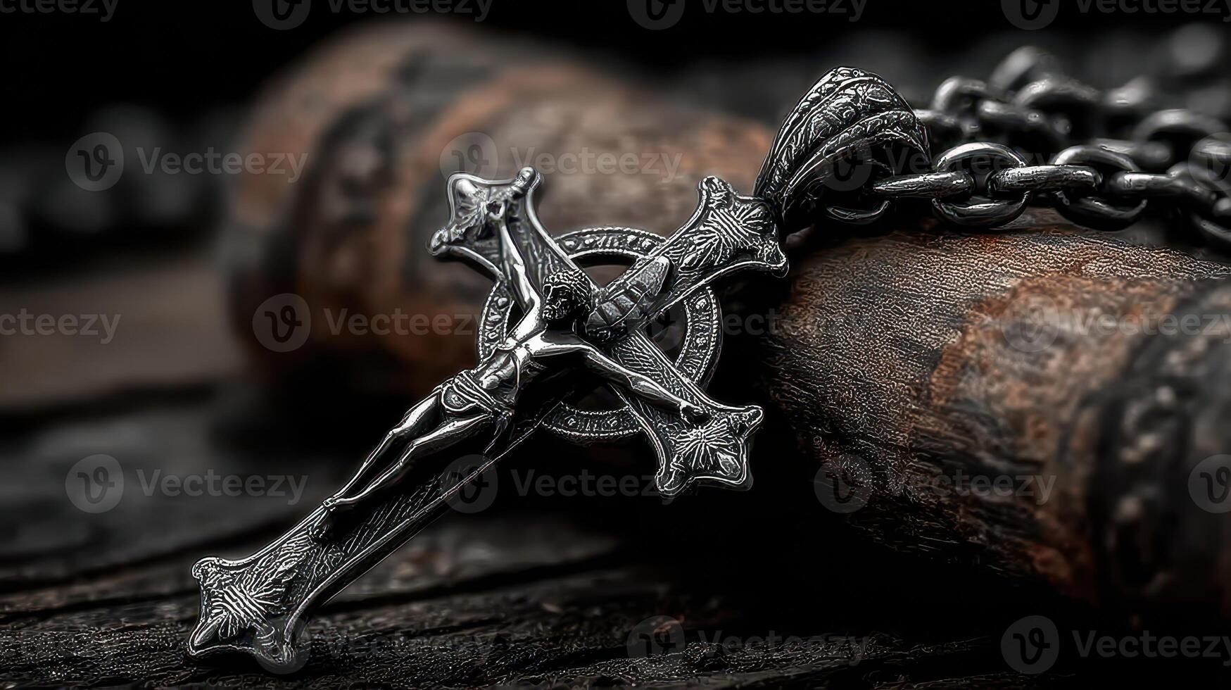 Silver cross pendant resting on weathered wooden surface with intricate details and chain photo