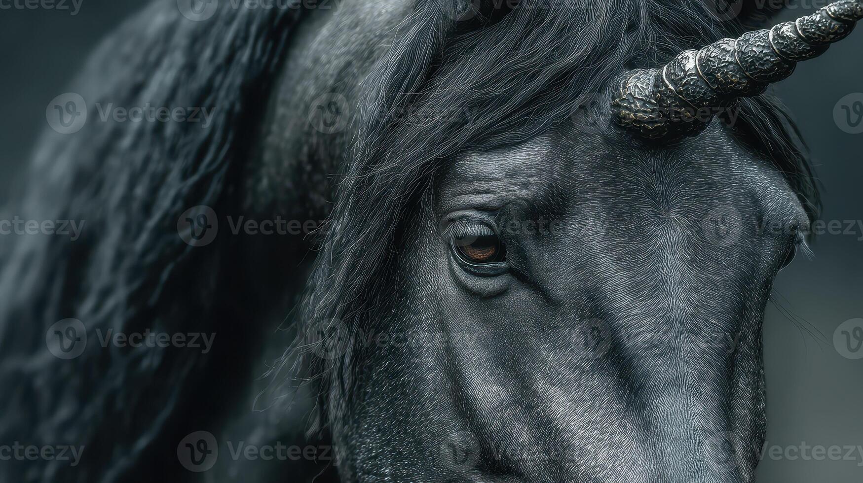 Majestic black unicorn with flowing mane in a mystical forest during twilight hours photo