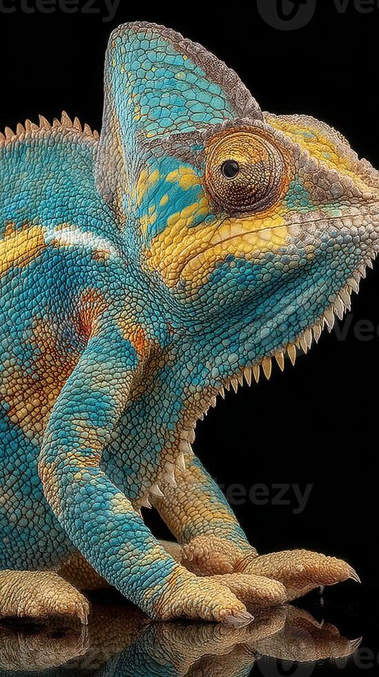 Colorful chameleon perched on glass showcasing vibrant textures and patterns during a detailed study session photo