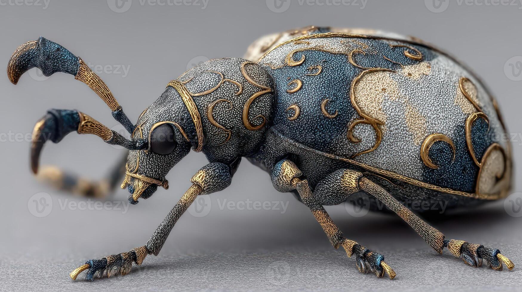 Insect with ornate patterns highlighted by metallic colors and fine details rests on a surface in a studio setting photo