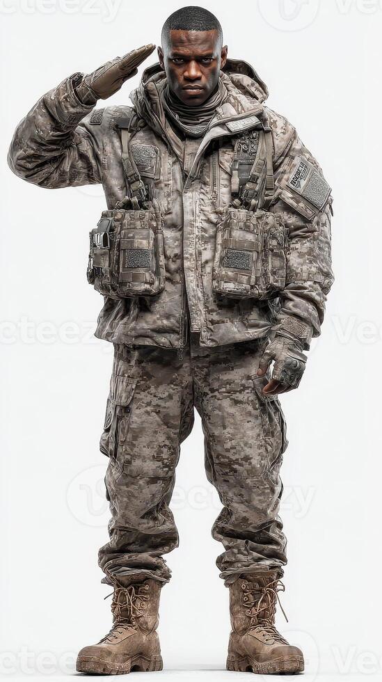 Soldier in camouflage uniform saluting with military gear at neutral background photo