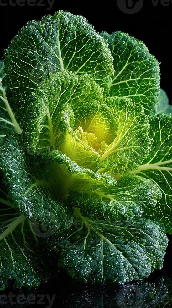Freshly harvested green cabbage with water droplets resting on its leaves arranged for a vibrant display photo