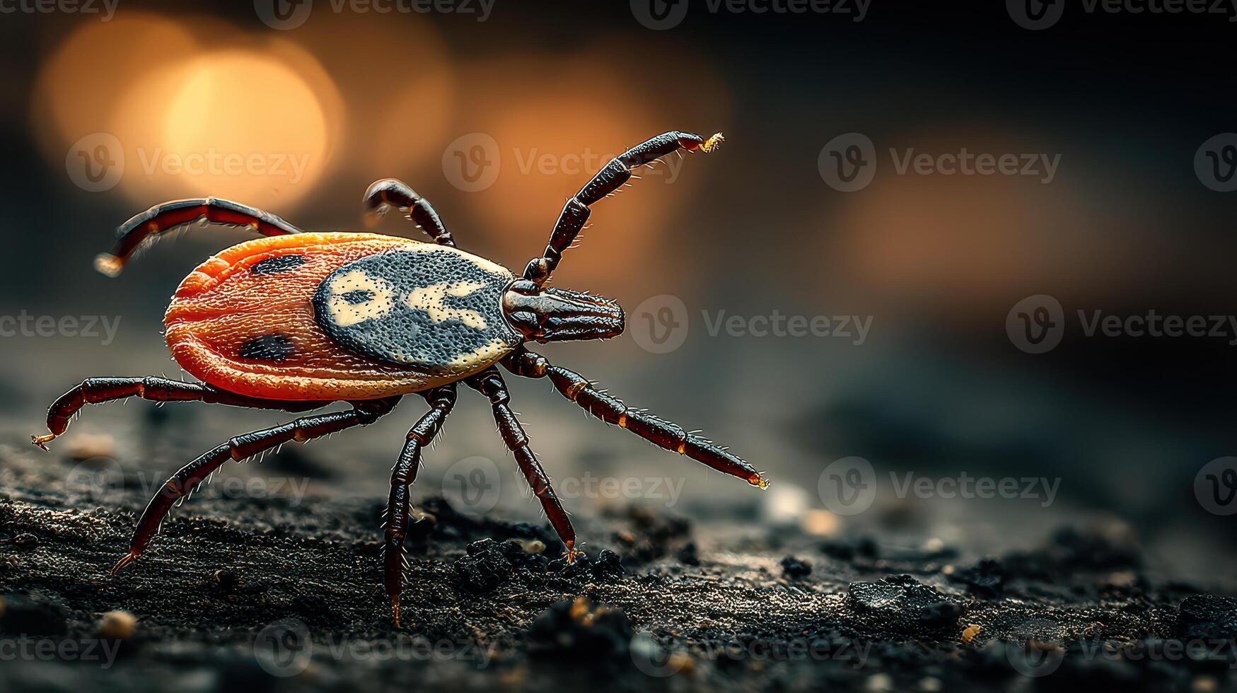 Close encounter with a detailed tick on a dark surface in a natural setting during dusk photo