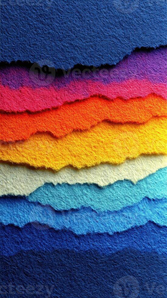 Colorful layers of paper create a vibrant sunset effect with various textured edges and shades photo