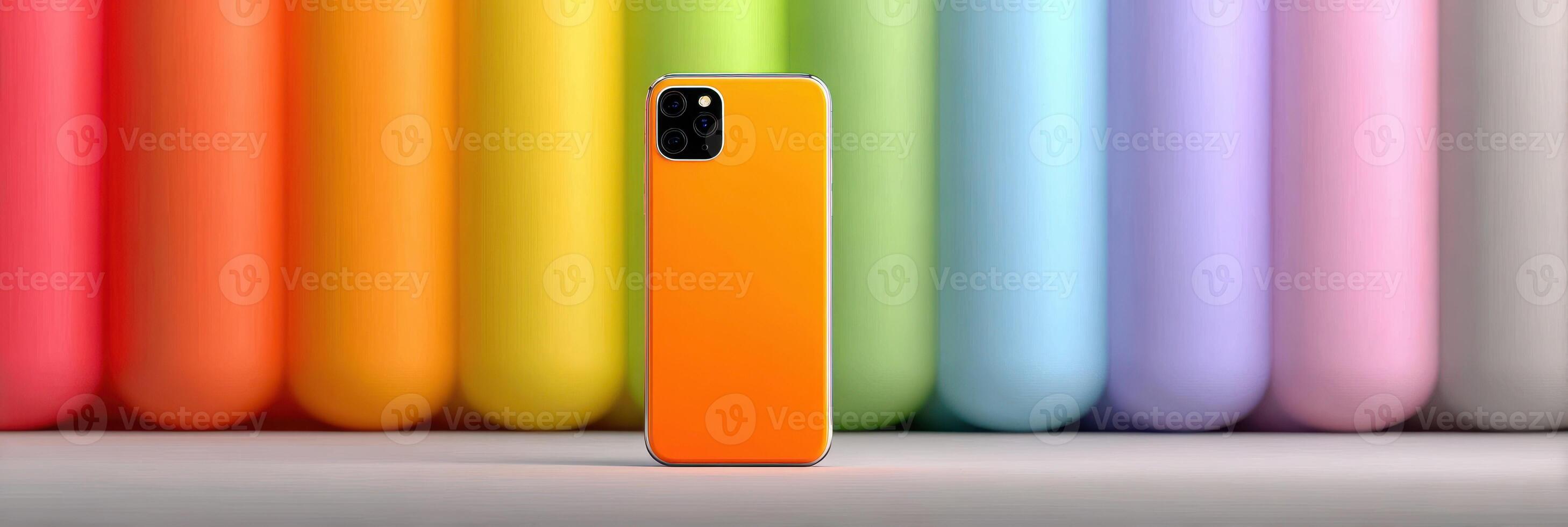 Bright colored smartphone standing alone in front of a vibrant pastel backdrop of vertical cylinders showcasing various colors photo
