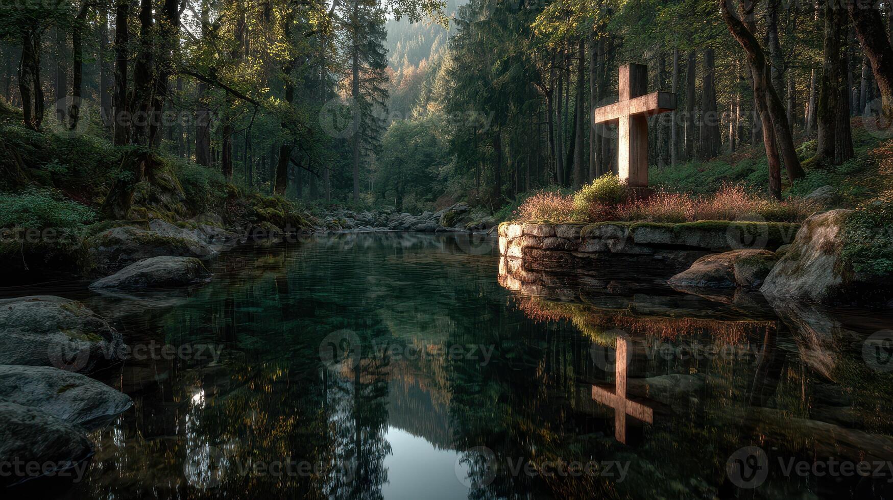 Reflections of tranquility at a secluded riverbank with a cross surrounded by lush forest photo