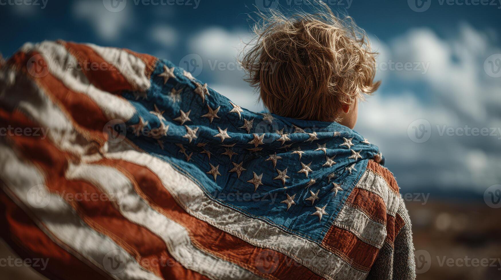 Child stands with an old American flag draped over shoulders against a dramatic sky at sunset photo