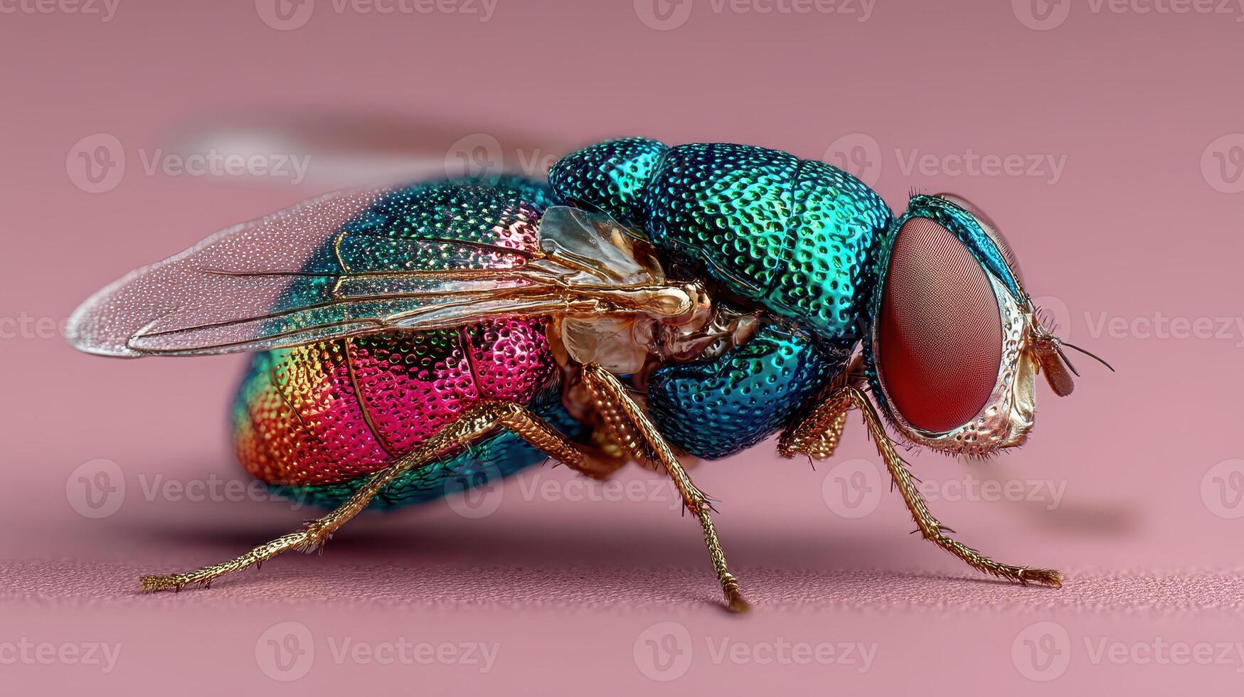 Macro view of a colorful iridescent insect on a soft background showcasing vivid details and sheen photo
