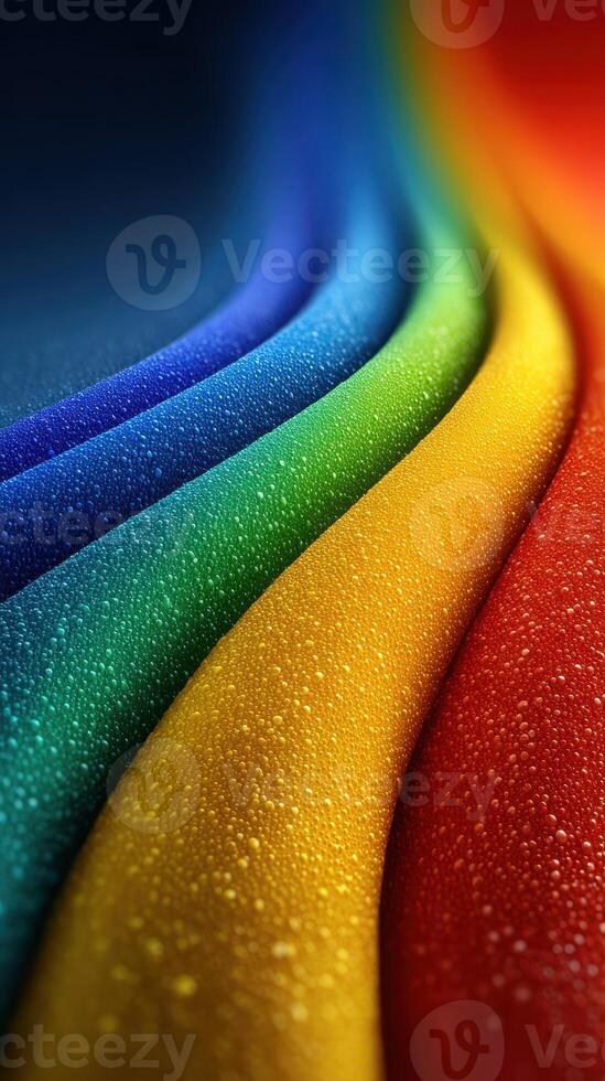 Colorful water droplets create a vibrant rainbow effect on smooth surfaces in an artistic display photo