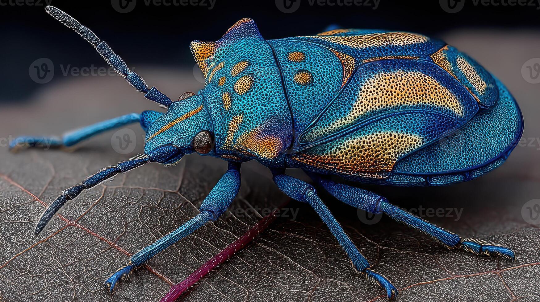 Colorful bug with vibrant blue and gold patterns resting on a leaf in a natural environment close-up photo